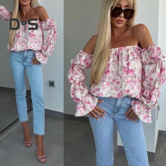 Koszula Damska Odkrywająca Ramiona Rozkloszowany Długi Rękaw Design Pulowerowe Topy Kwiatowy Nadruk Luźny Krój Koszula Casual Odzież Biurowa
