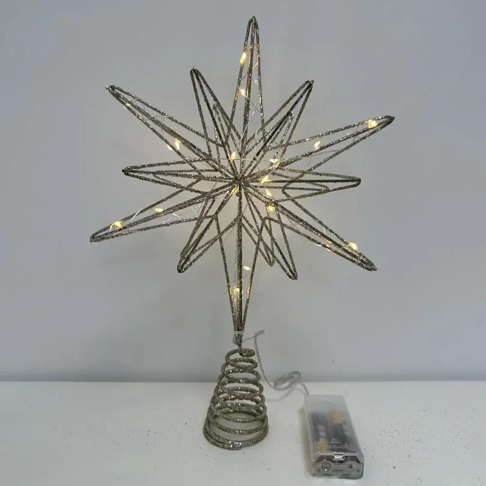 Star Tree Topper Ornament 30cm with LED String Lights for Christmas New Year Festival Party Home Decoration
