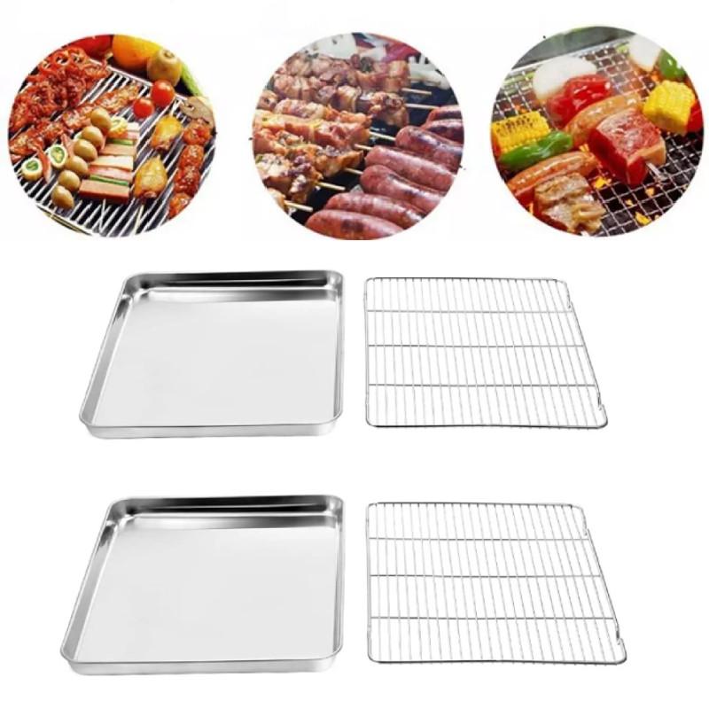 Stainless Steel 4pcs Baking Tray Rack Bbq Roaster Oven Cooling Rack Square Sheet