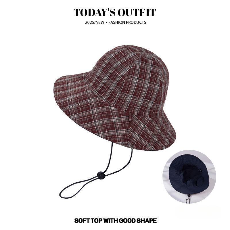 Japanese Style Retro Plaid Double Sided Fisherman's Hat New Fashionable Outdoor Large Brimmed Sun Hat Sun Protection Basin Hat Trendy