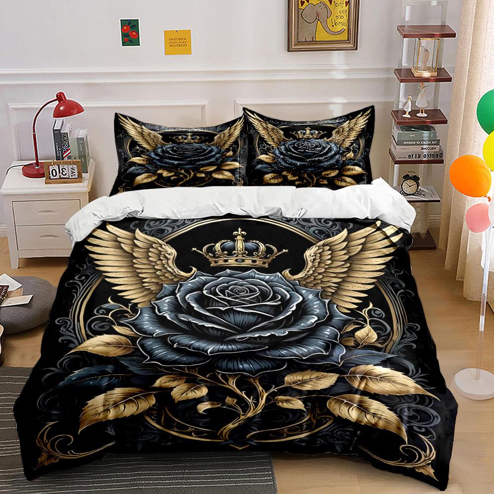 Black Rose with Wings and Crown Bedding Duvet Cover Set (1*Duvet Cover 2*Pillowcases, without duvet insert)