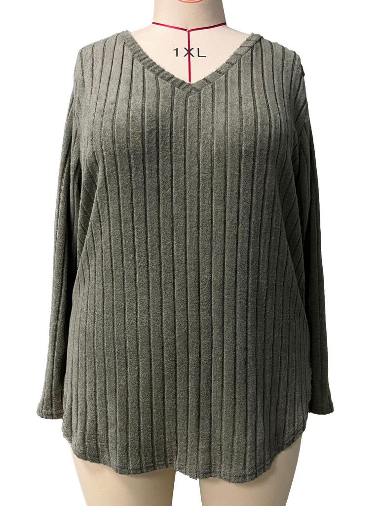 2025 Autumn/Winter Plus Size Women's V-Neck Long Sleeve Ribbed Loose Top