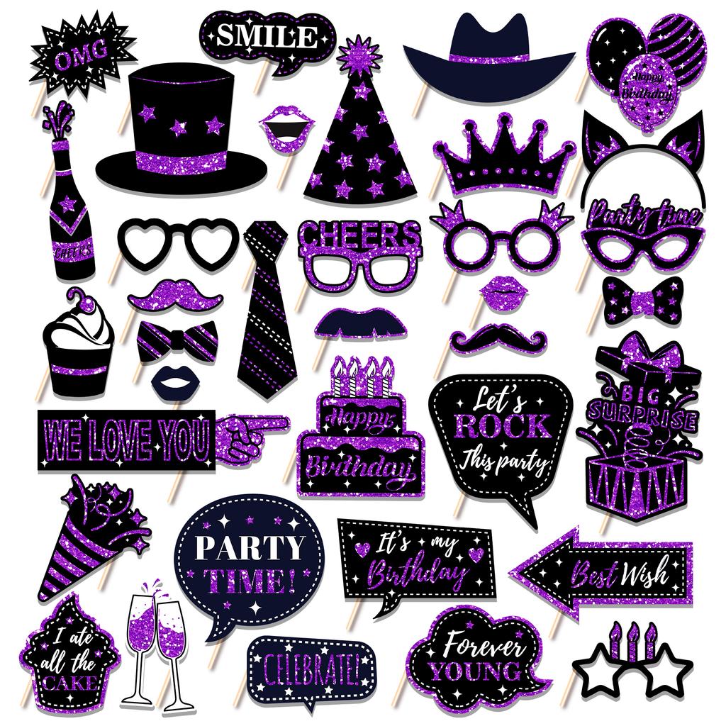 36pcs Happy Birthday Party Photo Booth Props Shimmer Powder Funny Glasses Lips Hat DIY Photo Shoot Prop Photobooth Accessories