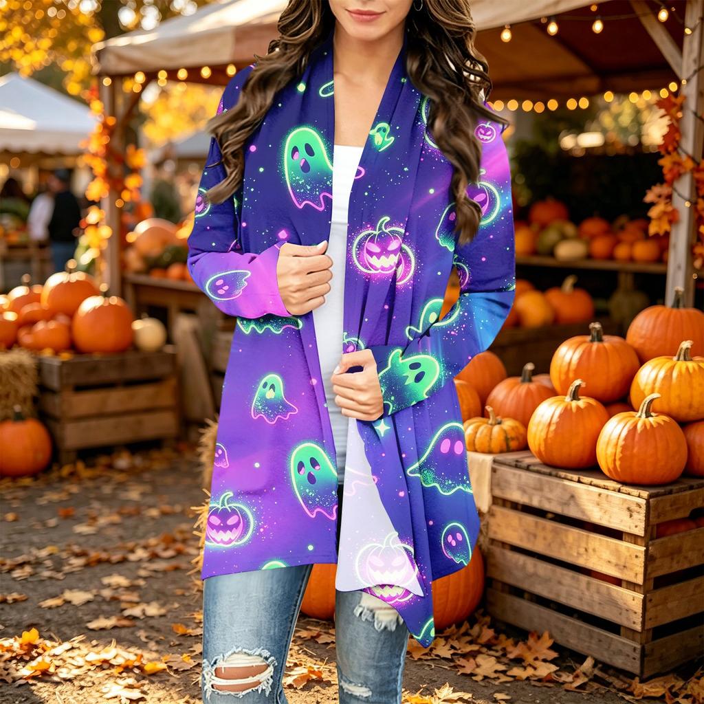 Damen Trendy Halloween-Print Langarm-Strickjacke Pullover für Lässige Herbstmode