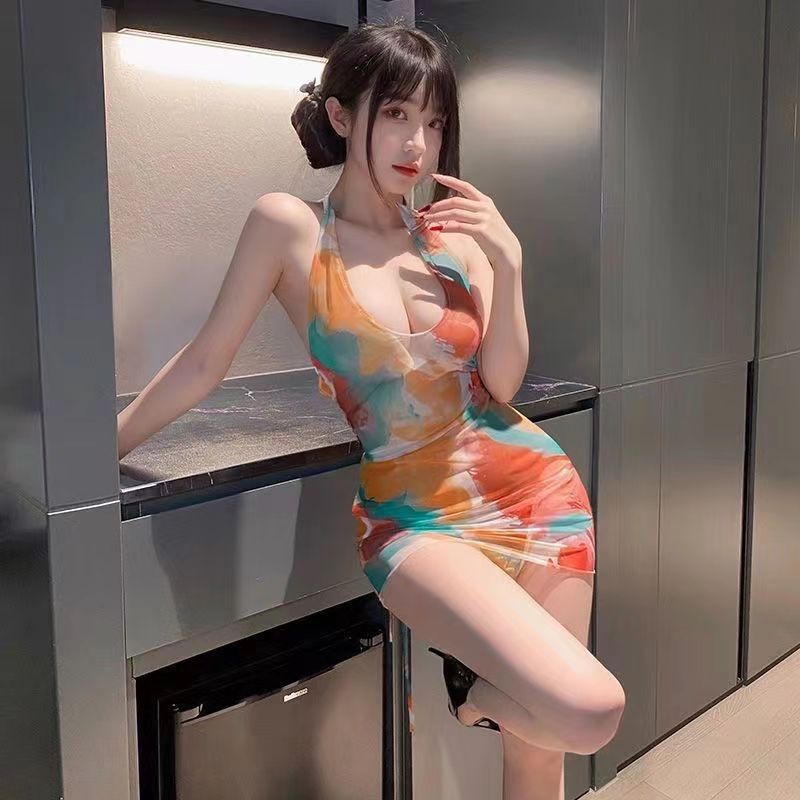 Deep U dew ditch smudge print hip skirt sex underwear summer sexy naked back dress supplies uniform temptation