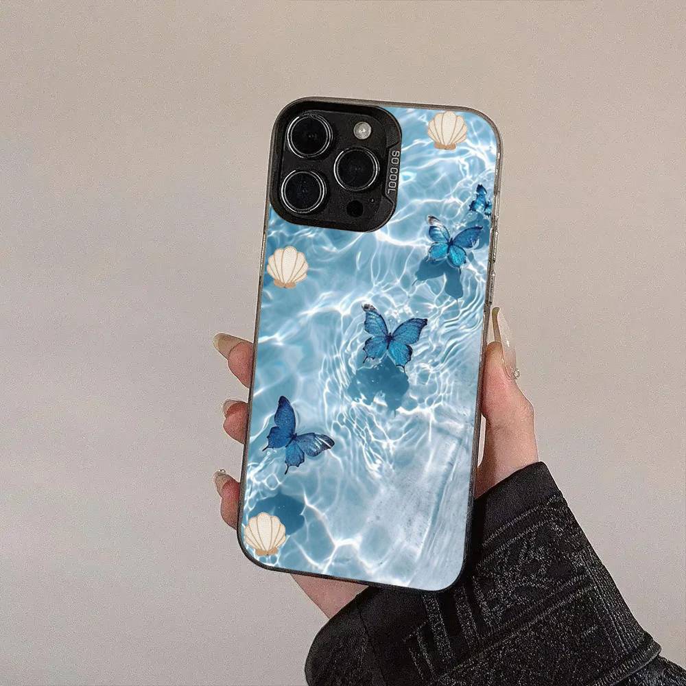 Blue Butterfly Ocean Waves Phone Case For iPhone 17 16 15 14 13 12 11 XS XR X Pro Max Plus Colored Silver Plated Cover