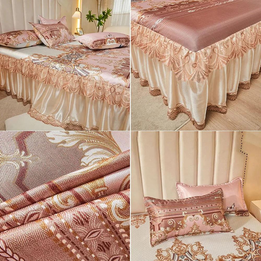 3pcs/set 2024 Summer Lace Bed Skirt Ice Silk Mat Printed Korean Lace Cool Mat Set Retro Single AndDouble Air Conditioned Bed Mat