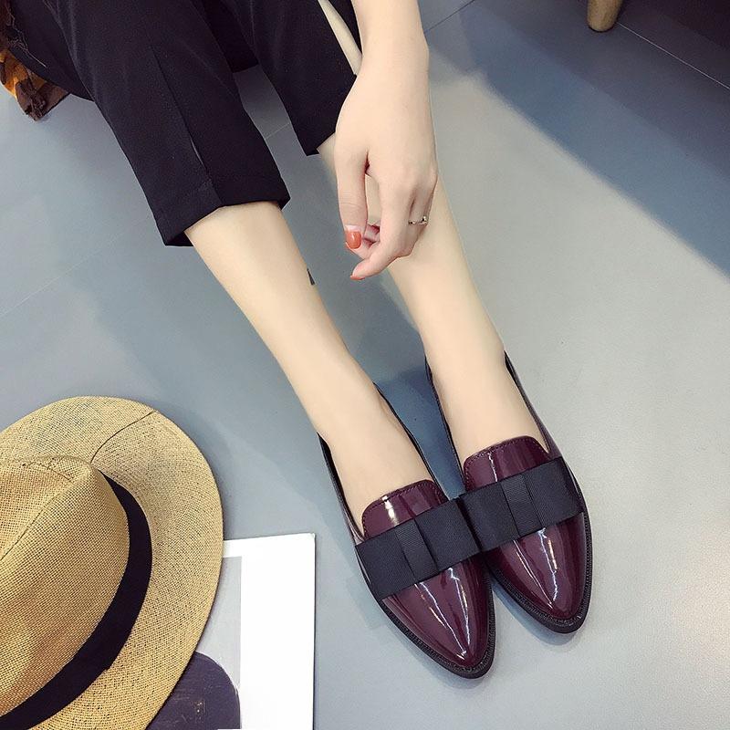 Patent Leather Pointed Toe Block Heel Low Top Fashion Bow Deep Mouth Soft Sole Anti-Slip Wear-Resistant Single