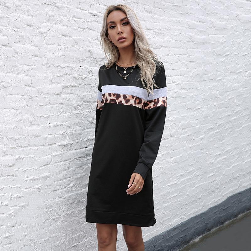 

Повседневный комфорт и универсальность женские осенние платья-толстовки с длинным рукавом и леопардовым принтом в стиле пэчворк L