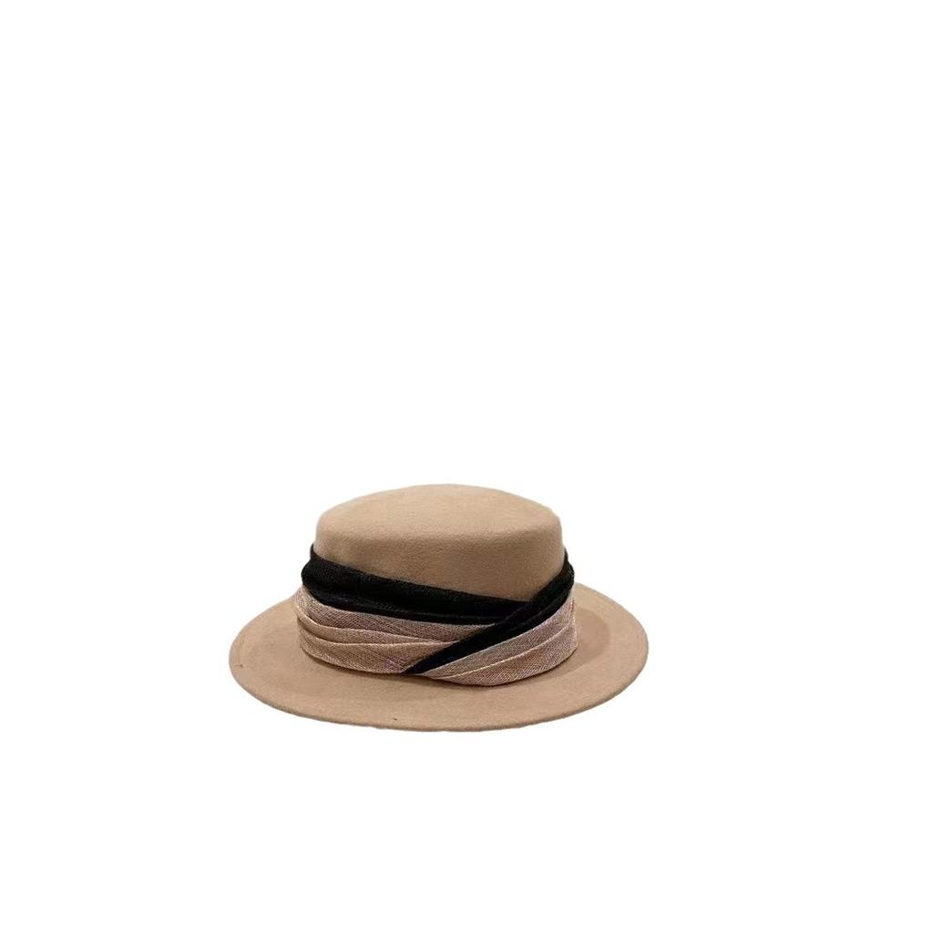 Contrast color Philippine hemp yarn wool top hat elegant British style high-end felt hat jazz hat fashion hat winter new