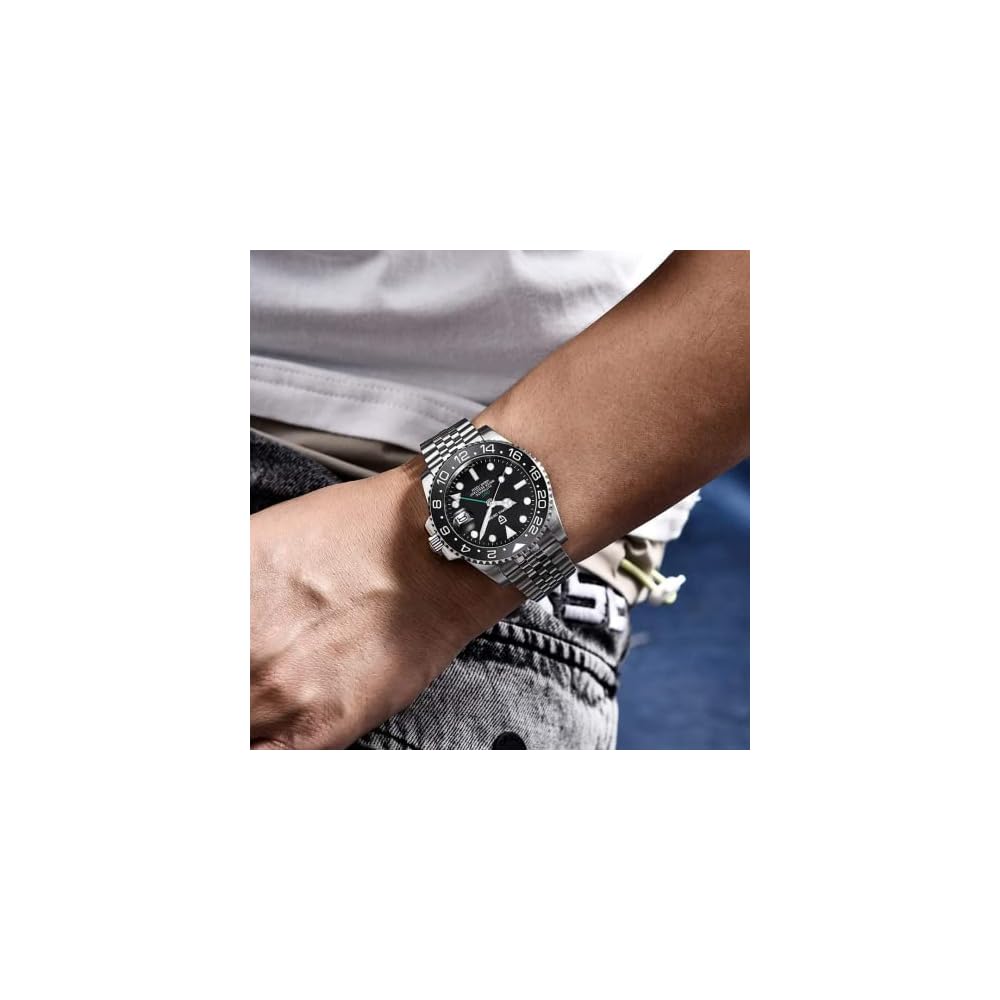 Pagani Design Men's Automatic Diver's Watch GMT Hand Stainless Steel Case Waterproof Ceramic Bezel Sapphire Glass Black PD-1662