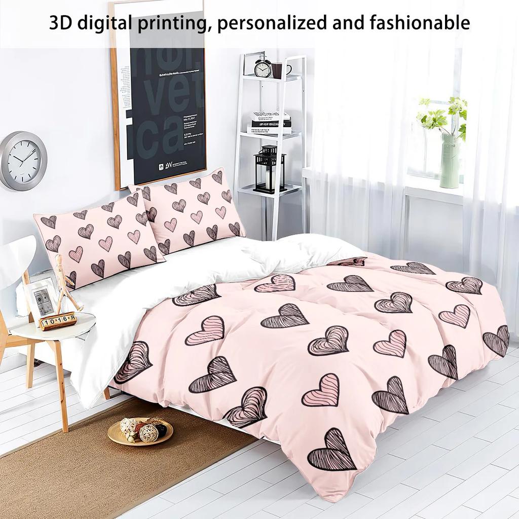 3pcs Pink Love Bedding Set 3D Printed Coreless Duvet Cover for Bedrooms, Gift for Lover Multiple Sizes, Soft and Comfortable