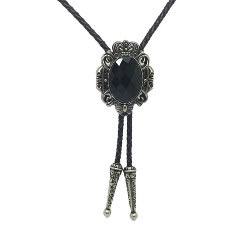 Mens American Bolo Tie Western Antique Crystal Cowboy Pendant Shirt Chain Collar Necktie Leather Rope Jewelry Necklace