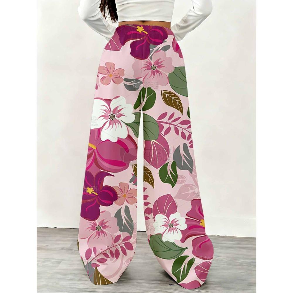 Pink floral wide-leg pants, suitable for casual going out and relaxing at home