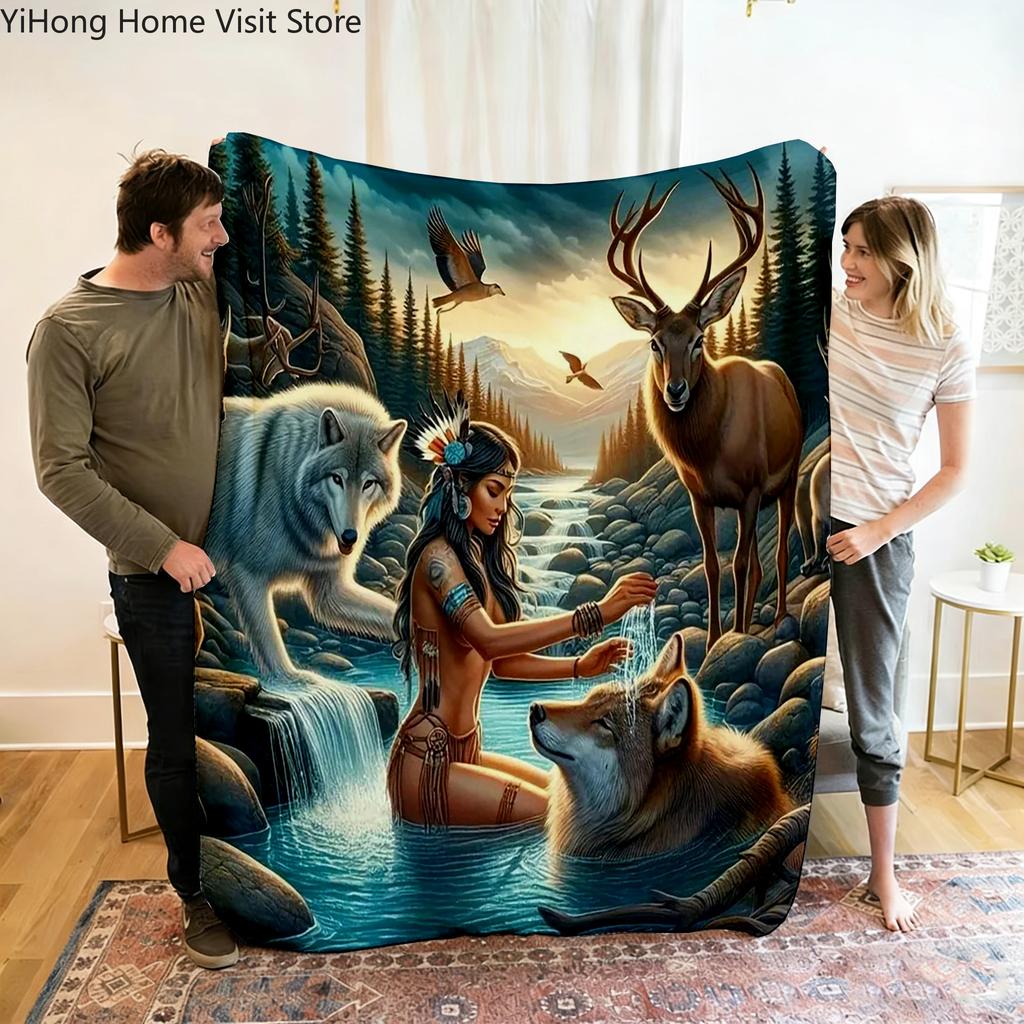 Wolf Woman Deer Animal Picture Flannel Throw Blanket for Cozy Living Room Custom Printed Home Textiles Fashion Warm Blankets
