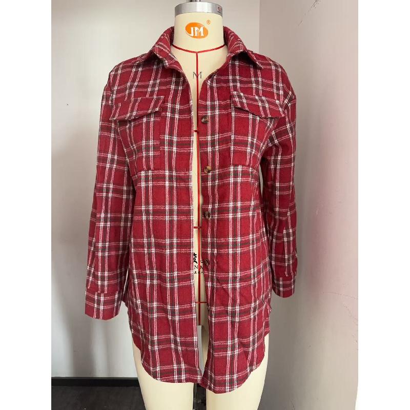 Spring and Autumn Women's New Casual Fashion Loose Plaid Pocket Shirt Jacket