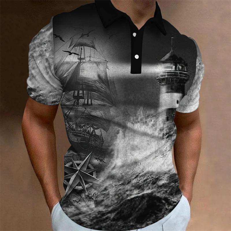 Trendy! Nautical sailing ship print short-sleeve polo shirt