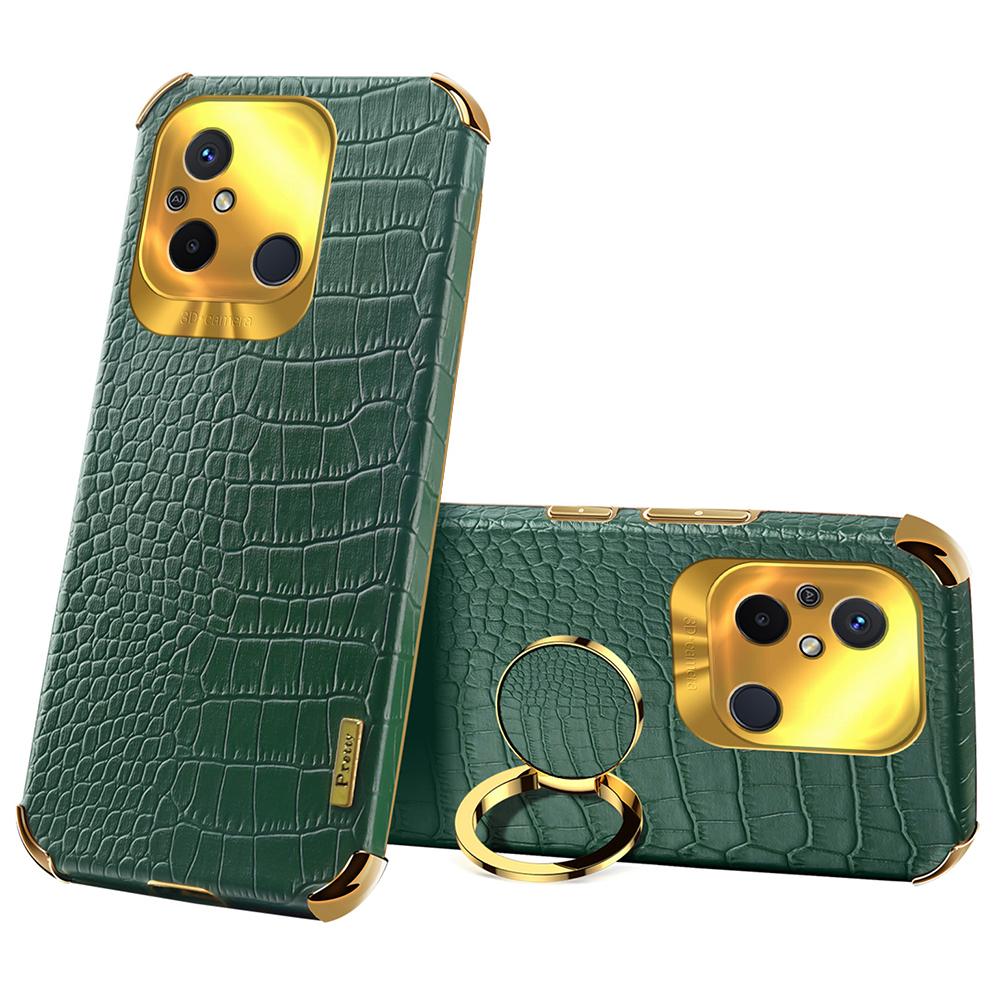 

For Xiaomi Redmi 12C 4G Ring Kickstand Leather Coated TPU Anti-drop Case Crocodile Texture 6D Electroplated Phone Cover Green
