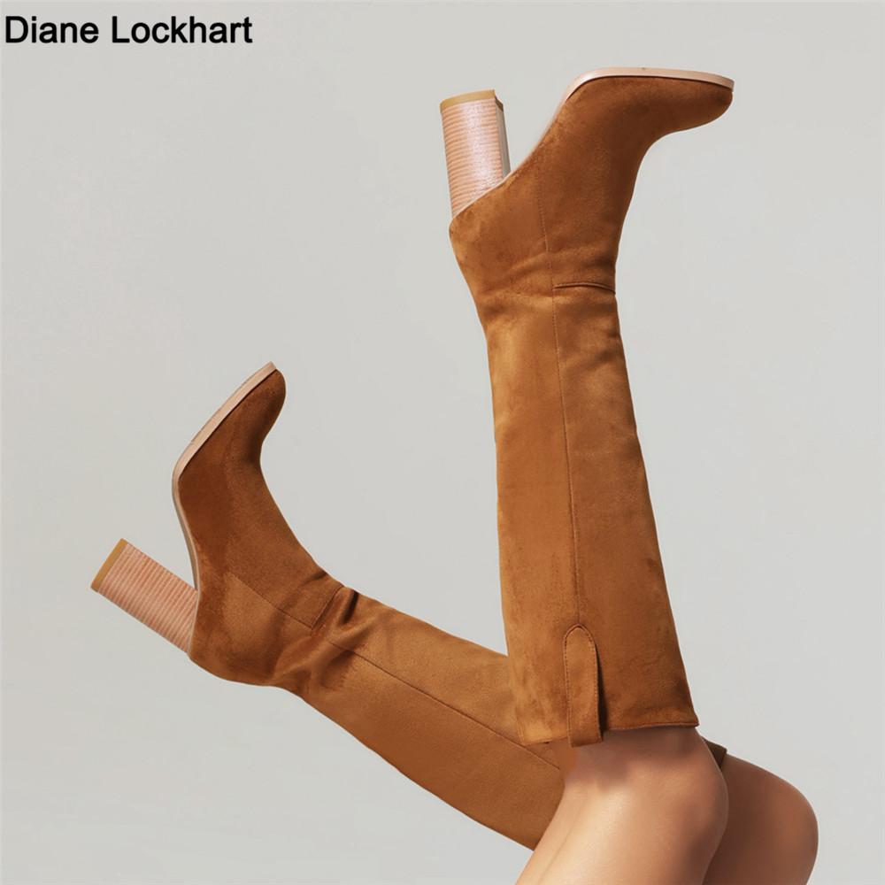 Women Long Boots Knee High Booties Ladies Shoes Platform Thick Heel Flock Zipper Woman Fashion Autumn Winter Black Brown