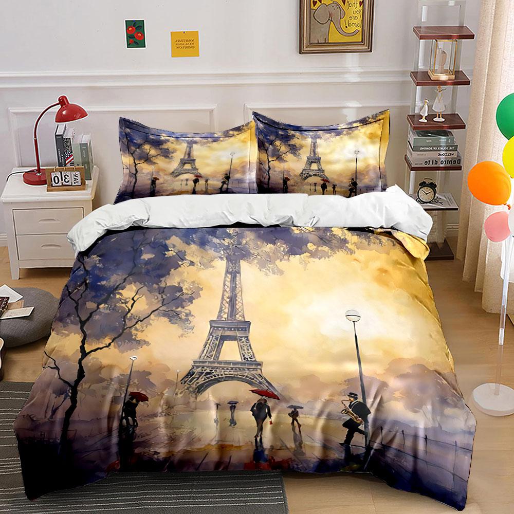 Eiffel Tower Sunset Scene Bedding Duvet Cover Set Duvet Cover Pillowcases (1*Duvet Cover 2*Pillowcases, Without Duvet Insert)