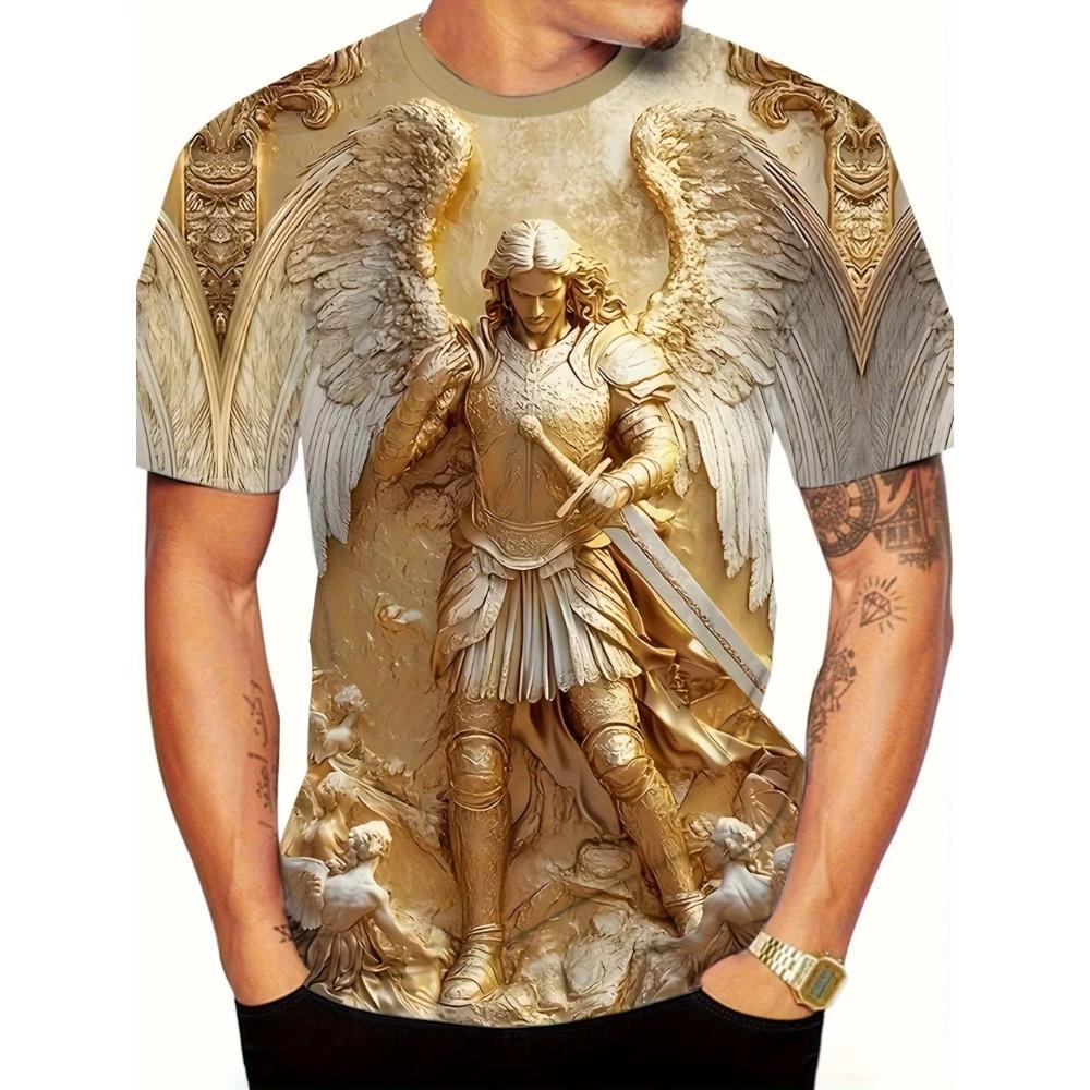 Mens 3d Angel Warrior Graphic T Shirt Golden Sword Design 3D Printed Tshirt For Men Clothes Wing Ornate Border Unisex Tee Tops