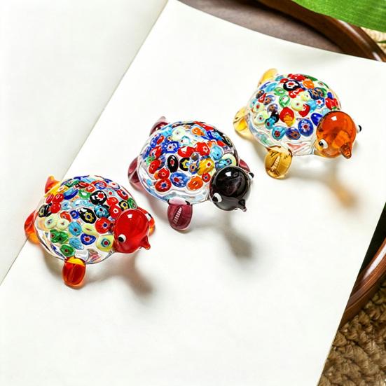 Micro Landscape Glass Accessory Hand Blown Millefiori Turtle Figurine, Mini Colorful Tortoise Statue, Cute Decorative Animal Collectible Cartoon