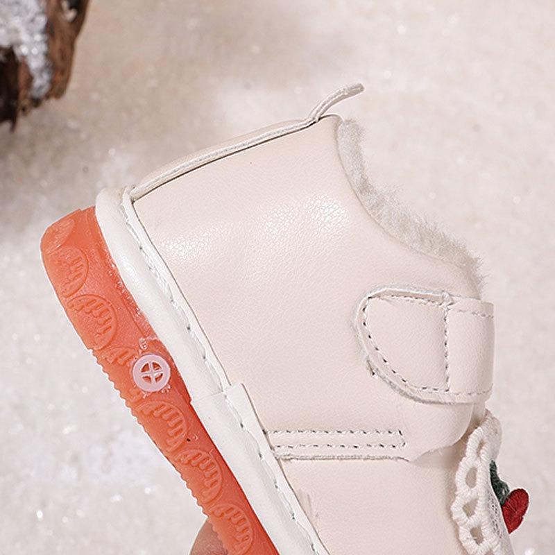 Winter Fleece-Lined Baby Girl Shoes, Toddler Princess Shoes, Soft-Soled Infant Walking Shoes, 0-1 to 2 Years Old Leather Squeaky Shoes.