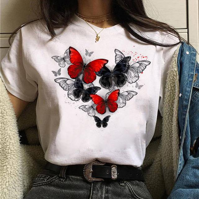 Women Tshirt Watercolor Butterfly Print Tshirt Summer Female Tops Casual Short Sleeve T-Shirts Harajuku Graphic Tee Cute T-Shirt