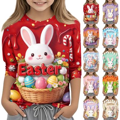 Children's Seven Quarter Sleeve Easter Print Round Neck Print Casual Top
