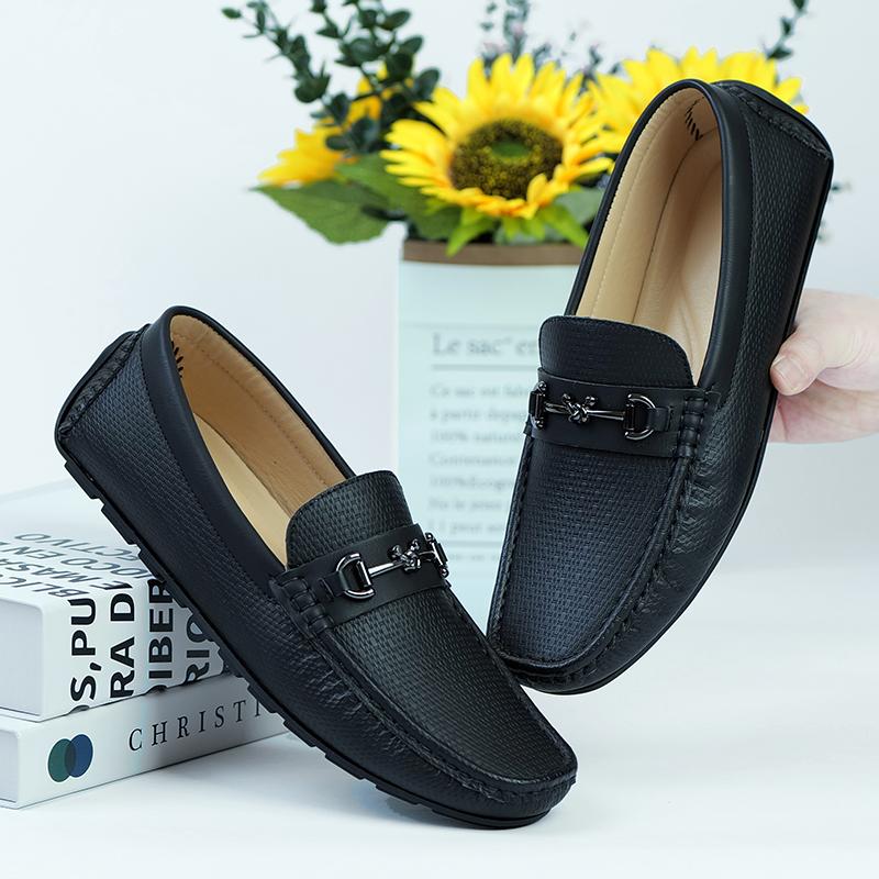 Genuine Leather Shoes for Men Casual Style Loafers Breathable Metal Buckle Moccasins Comfortable Business Slip on Flats