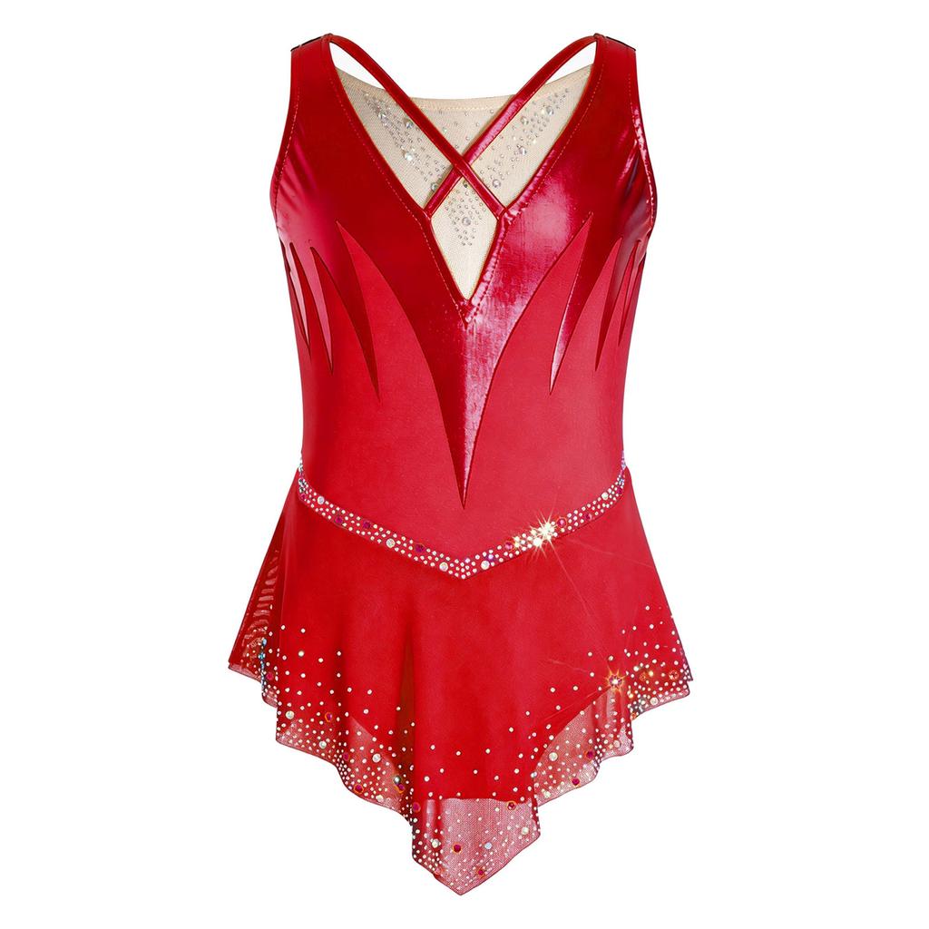 Girls Gymnastics Figure Skating Dress: Sleeveless Cross Front Mesh Patchwork Sparkling Rhinestone Color Block with Built-in Briefs