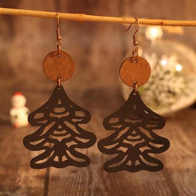 Vintage Christmas Tree Patchwork Earrings with Hollow Wood and Leather Design