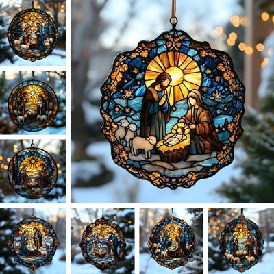 Christmas Nativity Scene Ornament Handmade Round Sun Catcher Baby's First Christmas Christian Religious Gift for Tree Window Decor