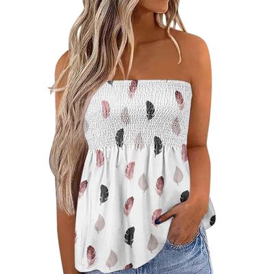 Women Sleeveless Strapless Floral Pleated Tank Tops Summer Casual Smocked Bandeau Tube Top  Loose Tee Streetwear