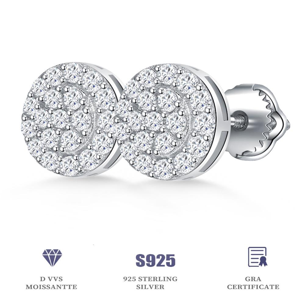 Moissanit Echter 925er Silber Iced Cluster Rund Hip Hop Out Big Herren Ohrstecker