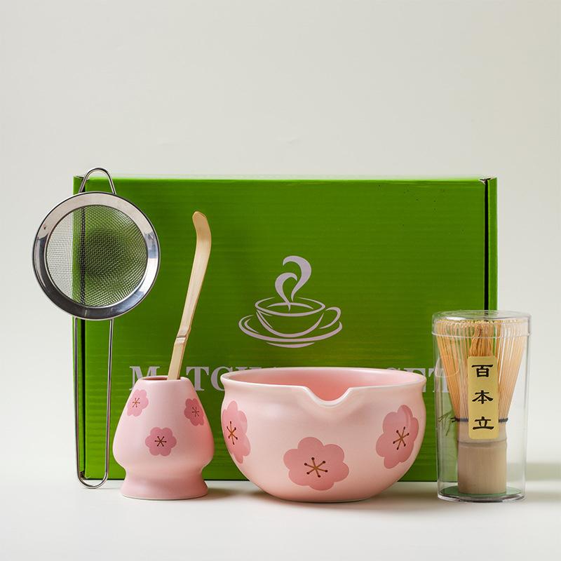 4-7pcs Set Ceramic Matcha Bowl Large Capacity Smooth Matcha Whisk Stand High Temperature Resistant Tea Salad Soup Bowl