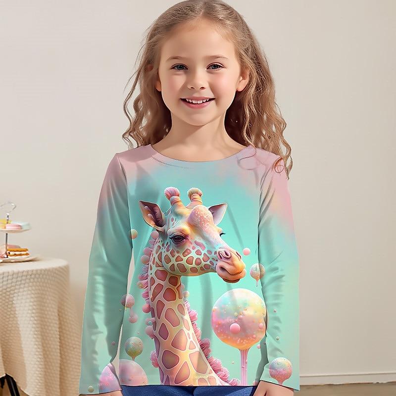 Spring and Autumn Round Neck Animal Giraffe Fawn Pattern 3D Printed Top Fashionable Casual Long Sleeved Children's Girl T-shirts