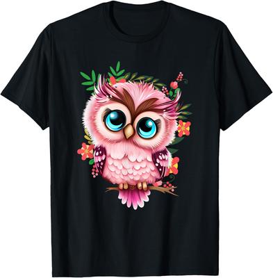 Cute Pink Owl Graphic Tee Breathable Summer Trip T-Shirt for Girls Soft Cotton Print