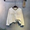 C S In The Room Ez Tweed Gold Button Round neCk Long Sleeve Knit Cardigan jaCket
