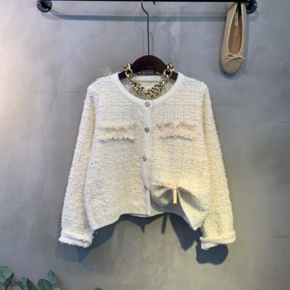 C S In The Room Ez Tweed Gold Button Round neCk Long Sleeve Knit Cardigan jaCket