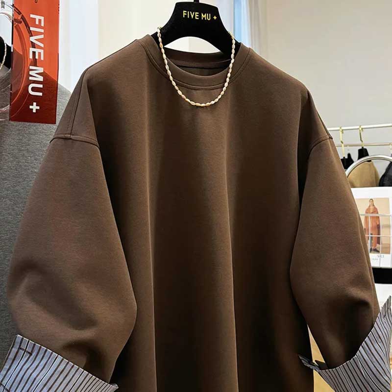 Damen Sweatshirt Baumwolle Oversize Fleece Verdickt Locker Falscher Zweiteiler Gestreift Rundhals Lässiger Pullover Langarm Oberteil Sweatshirt