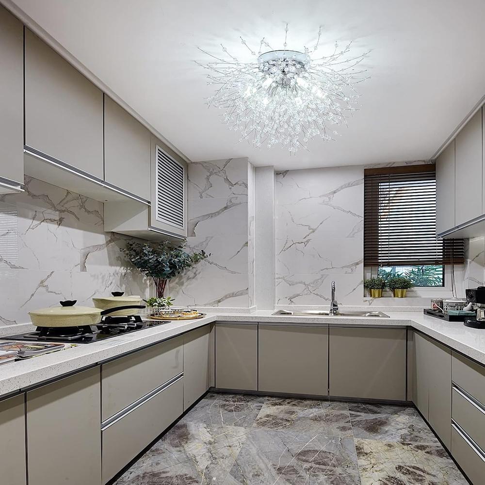 6-Light Sputnik Flush Mount Ceiling Light Fixture, Modern Chrome Crystal Firework Ceiling Lights, Close to Ceiling Lamp for Bedroom Kitchen Hallway