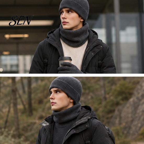 Soft Non Scratchy Winter Warmth Kit Men Knitted Hat Scarf Gloves Set, Solid Color Beanies, Warm Comfortable Windproof Knit for Daily Commute