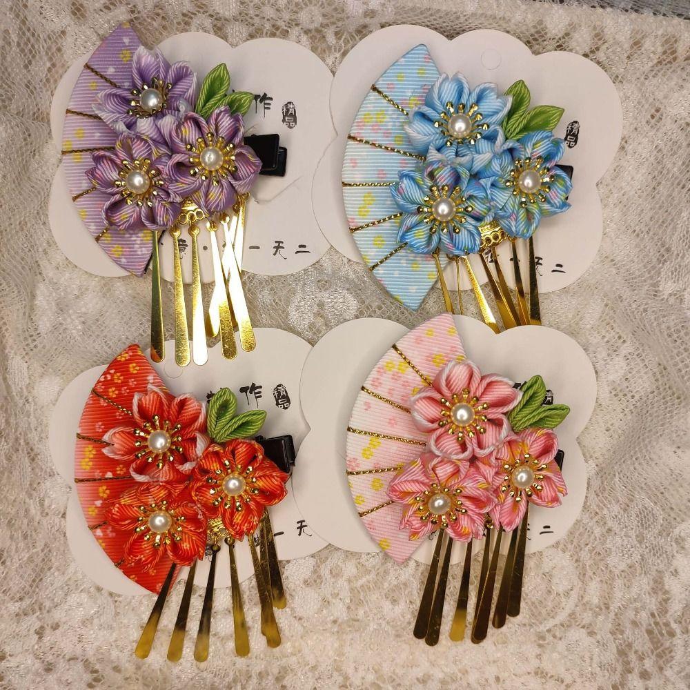 Tassels Japanese Kimono Headwear Flower Tassel Fan Hairpin Simple   Girls