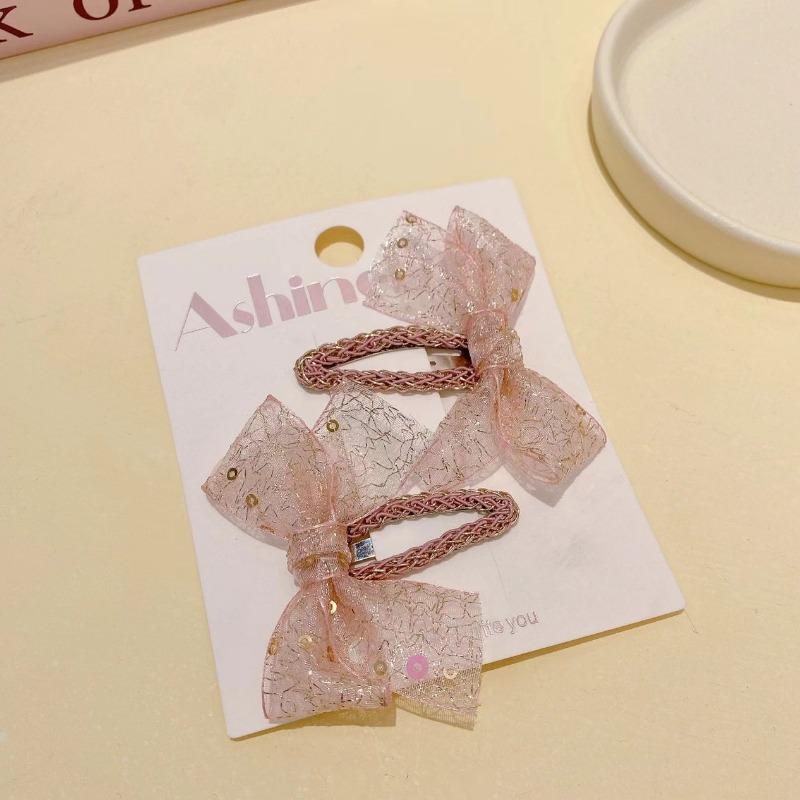 1pair Newfashion Glitter Headwear Clip for Children Baby Girl Princess Series Kawaii Cute Hairpin Mesh Bow Side Clip Headwear