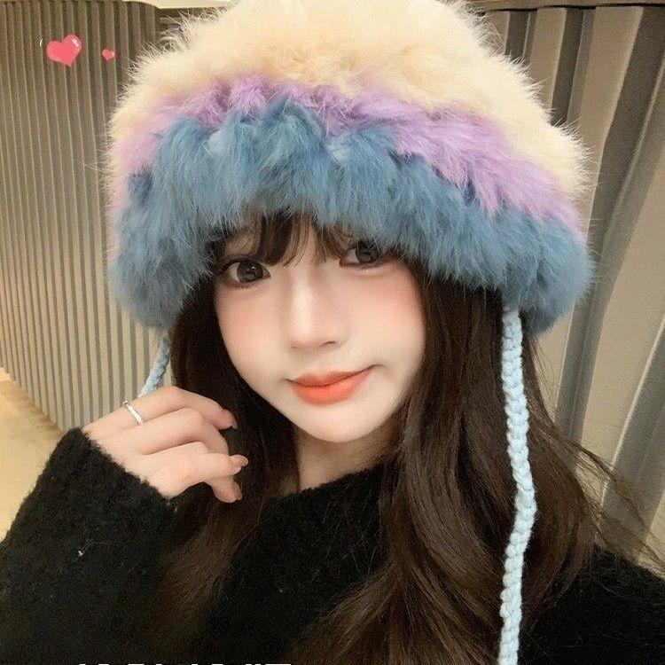 Rabbit Fur Knitted Hat Women's Autumn and Winter Splicing Warm Wool Hat Cold-proof Cover Foreign Gas Plush Ear Protection Head Hat