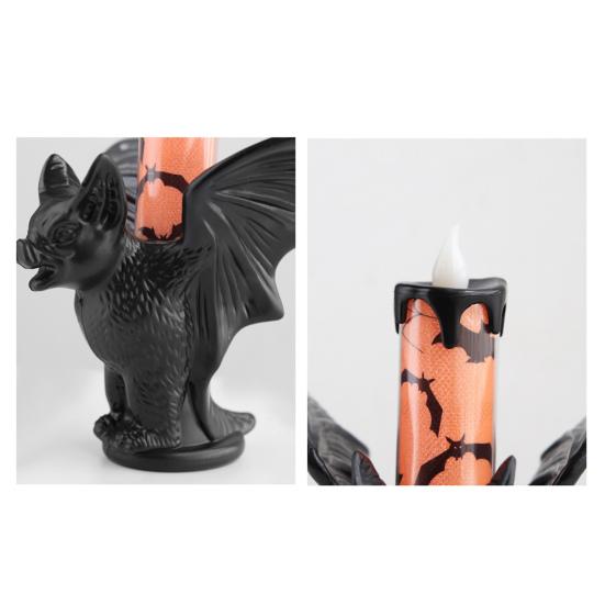 Halloween LED Bat Candle Lamp Flameless Flickering Tabletop Candle Lamp Horror Black Bat Statue Candlestick for Indoor Home Decor