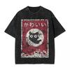 Washed T Shirt Kawaii Cat Japanese Black Anime Cat Hip Hop Novelty T-Shirts Oversize  Cartoon Streetwear Summer Tops Tee Shirt