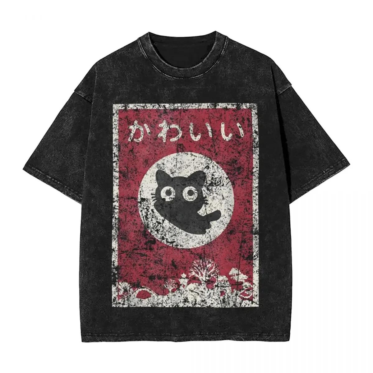 Washed T Shirt Kawaii Cat Japanese Black Anime Cat Hip Hop Novelty T-Shirts Oversize  Cartoon Streetwear Summer Tops Tee Shirt S разноцветный