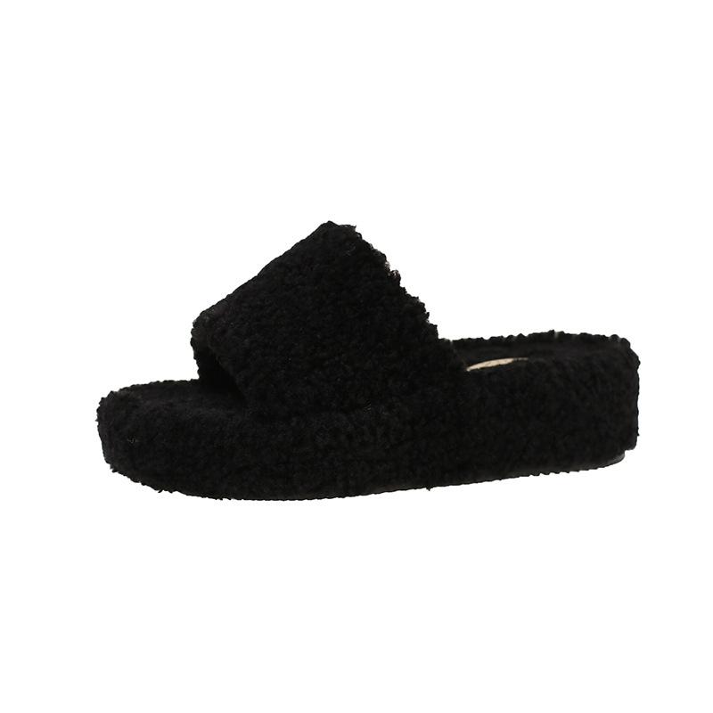 One-word Women Wear 2025 Autumn New Outdoor Thick Bottom Internet Celebrity Warm Lamb Wool Slippers